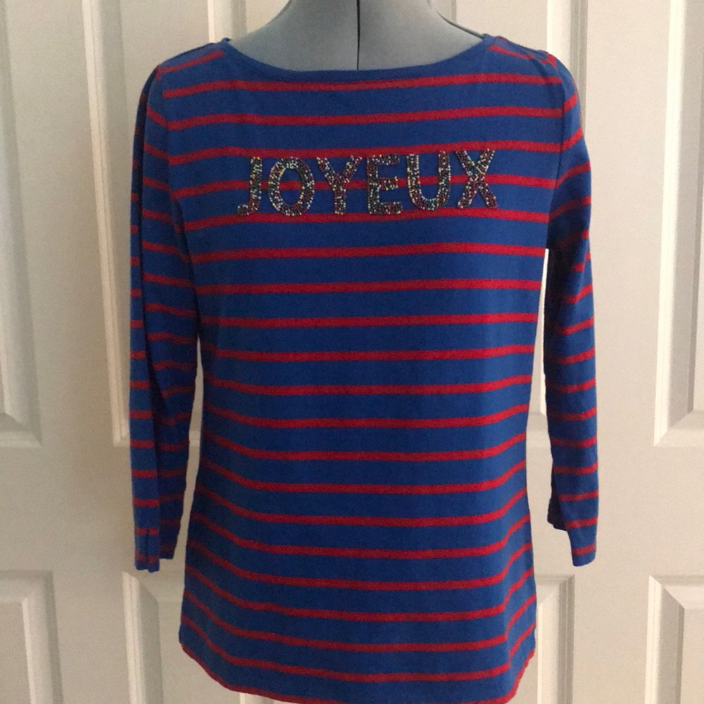 Talbots Blue and Red Striped Top w/ Beaded JOYEUX Long Sleeve Size S
